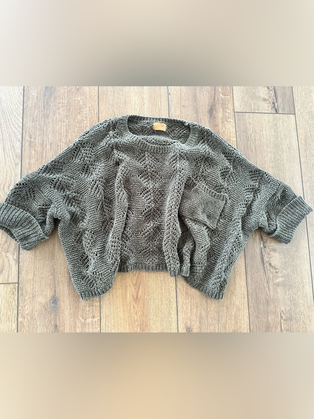 POL Olive Green Open-Knit Crewneck Sweater